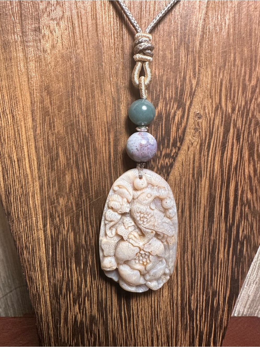 Coral Fossil Floral Bird Pendant Necklace with Jade on Adjustable Rope